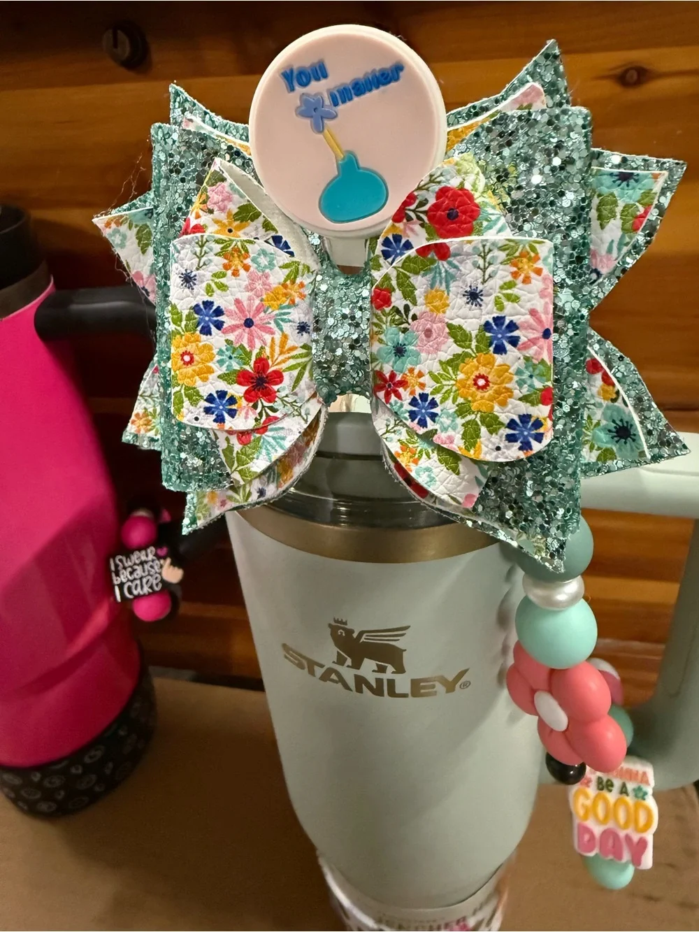 Stanley Mint Green and Gold 30oz Tumbler with Floral Bow and Bead Charms